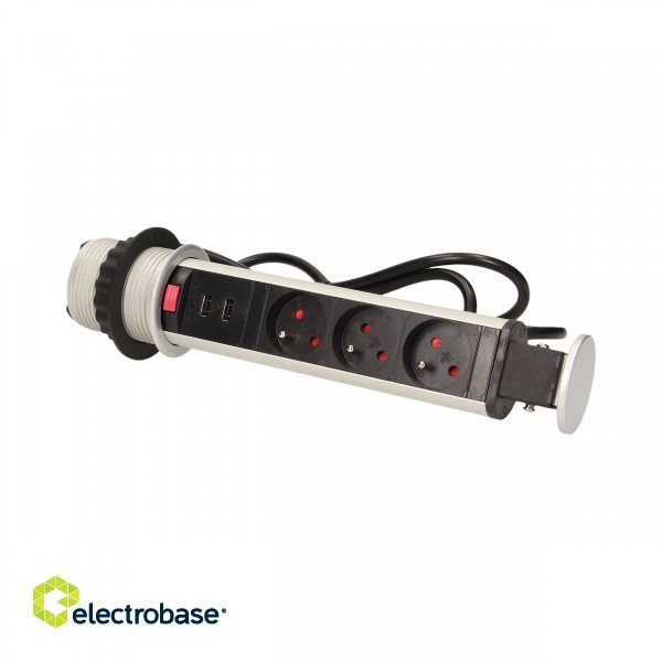 Elektromateriāli // Mēbeļu elektriskie slēdži un rozetes, USB rozetes // Gniazdo meblowe ?6cm wysuwane z blatu z ładowarką USB, blokadą i przewodem 1,8m, 3x2P+Z image 4