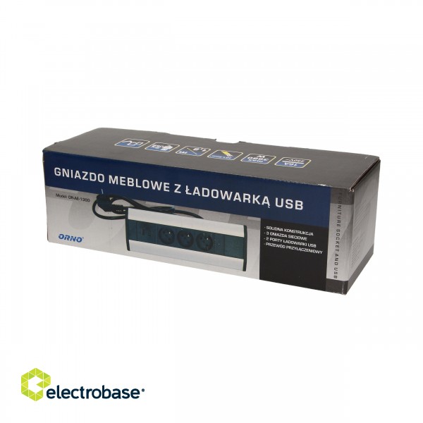 Elektromateriāli // Mēbeļu elektriskie slēdži un rozetes, USB rozetes // Gniazdo meblowe z ładowarką USB i przewodem 1,8m, 3x2P+Z, 2xUSB image 2