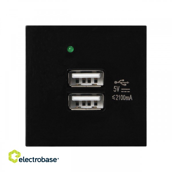 Elektromateriāli // Mēbeļu elektriskie slēdži un rozetes, USB rozetes // NOEN USB x 2, podwójny port modułowy 45x45mm z ładowarką USB, 2,1A 5V DC, czarny image 1