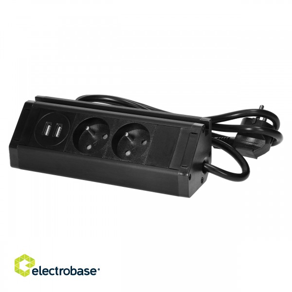 Elektromateriāli // Mēbeļu elektriskie slēdži un rozetes, USB rozetes // Podwójne gniazdo meblowe z ładowarką USB, uchwytem na telefon i przewodem 1,5m, 2x2P+Z,  2xUSB (typ A, 2,4A), czarne image 1