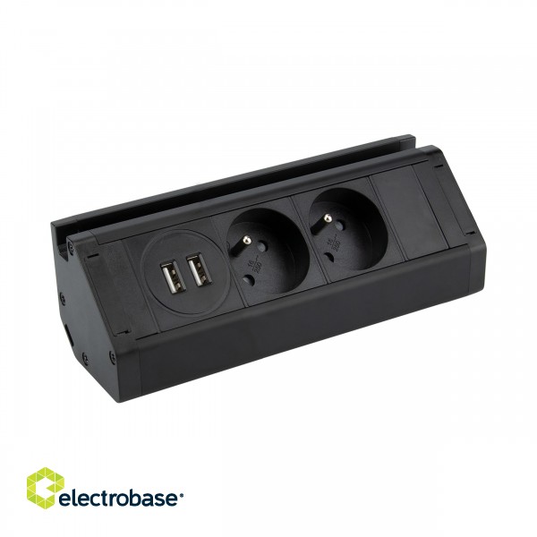 Elektromateriāli // Mēbeļu elektriskie slēdži un rozetes, USB rozetes // Podwójne gniazdo meblowe z ładowarką USB, uchwytem na telefon i przewodem 1,5m, 2x2P+Z,  2xUSB (typ A, 2,4A), czarne image 2