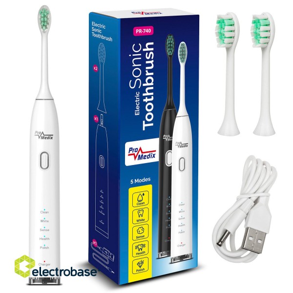Tooth care // Brushes // Szczoteczka soniczna do zębów Promedix, kolor biały, 5 trybów, timer, wskaźnik poziomu nał. baterii,  2 końcówki i kabel USB, PR image 1