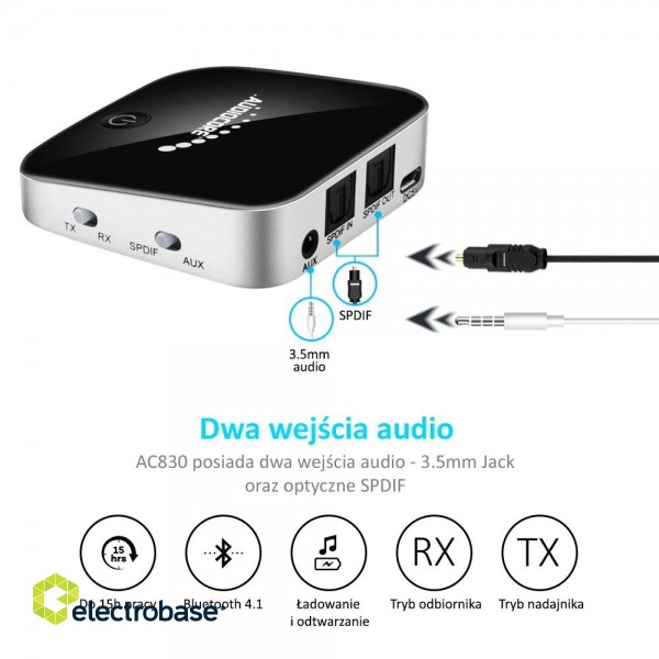 Puhelimet ja tarvikkeet // Bluetooth Audio Adapters | Trackers // Adapter bluetooth 2 w 1 transmiter odbiornik Audiocore AC830 - Apt-X Spdif - Chipset CSR BC8670 image 8