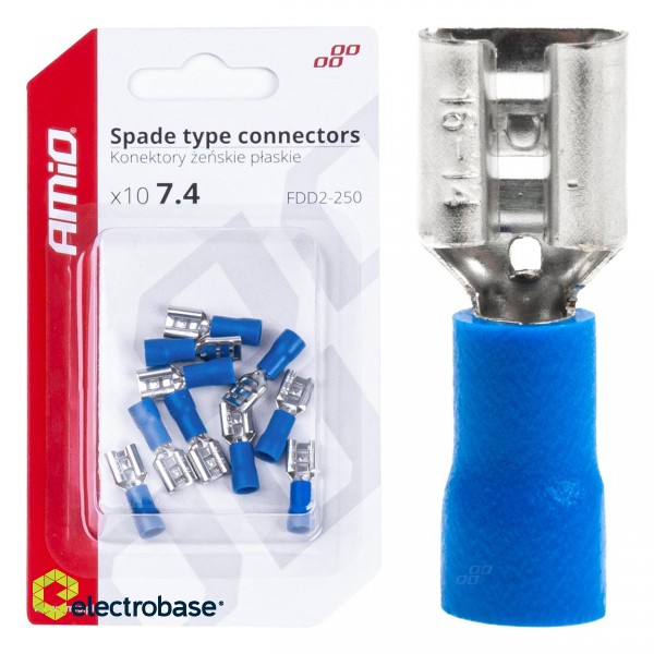 Car and Motorcycle Products, Audio, Navigation, CB Radio // ISO connectors and cables for the car radio // Konektory izolowane żeńskie płaskie 7.4mm 1.5-2.5mm2 15a 10 szt. amio-03067