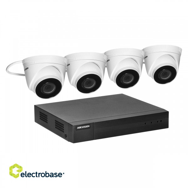 Video surveillance // CCTV sets // HIKVISION IPKIT-T4-4CH zestaw monitoringu z 4 kopułkowymi kamerami IP HIKVISION IP-CAM-T240H  oraz 4-kanałowym rejestratorem HIKVISION NVR-4CH, rozdzielczość 4Mpx, zasilanie PoE, doświetlenie IR, cyfrowa redukcja szumów, image 1