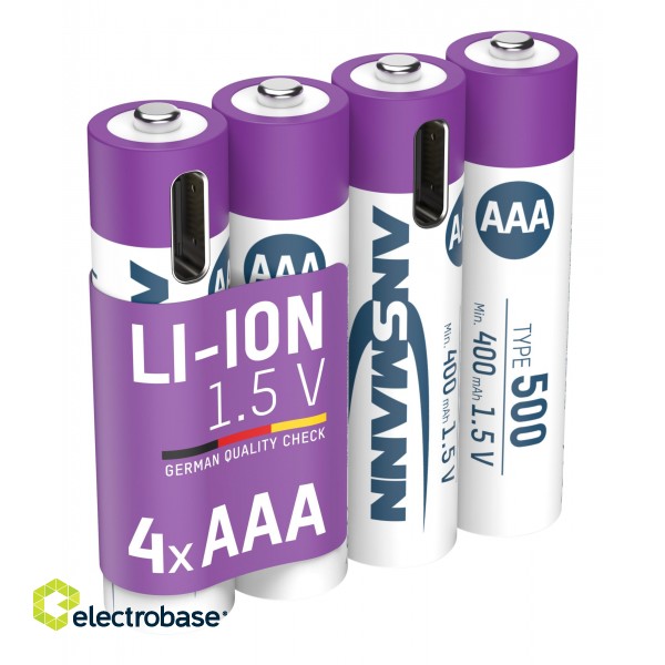 Rechargeable batteries AAA 1.5V 500mAh (Li-Ion 0.74Wh), with USB-C peak output power DC 1.5V 1A (4pcs box) ANSMANN paveikslėlis 1