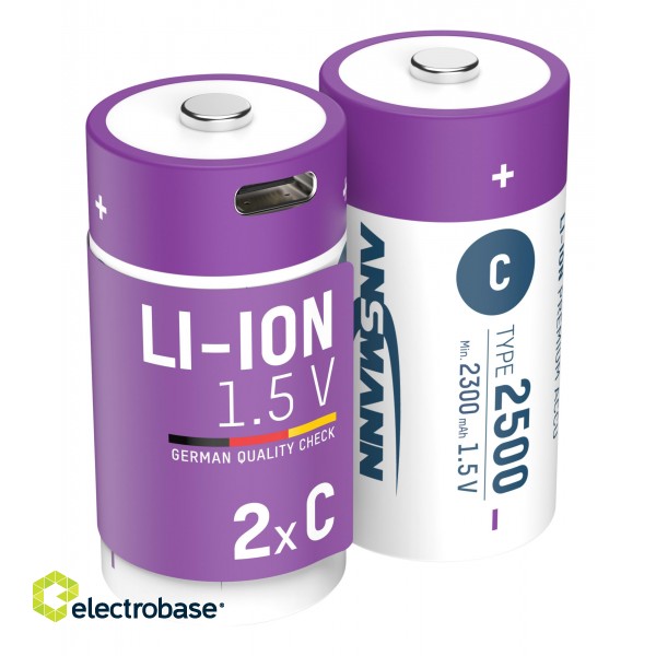 Rechargeable batteries C 1.5V 2500mAh (Li-Ion 4.07Wh), with USB-C peak output power DC 1.5V 2.5A (2pcs box) ANSMANN paveikslėlis 1