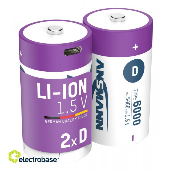 Rechargeable batteries D 1.5V 6000mAh (Li-Ion 12Wh), with USB-C peak output power DC 1.5V 2A (2pcs box) ANSMANN фото 1