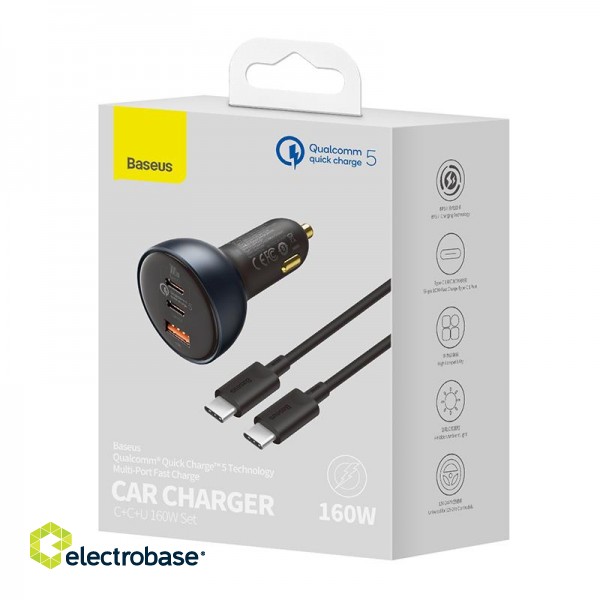 Car Quick Charger 12-24V 160W USB + 2xUSB-C QC5 PD3.0 with USB-C Cable 1m image 6