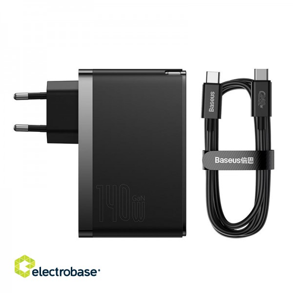 Wall Charger GaN5 Pro 140W USB + 2xUSB-C QC4+ PD3.1 with USB-C 1m Cable, Black image 3