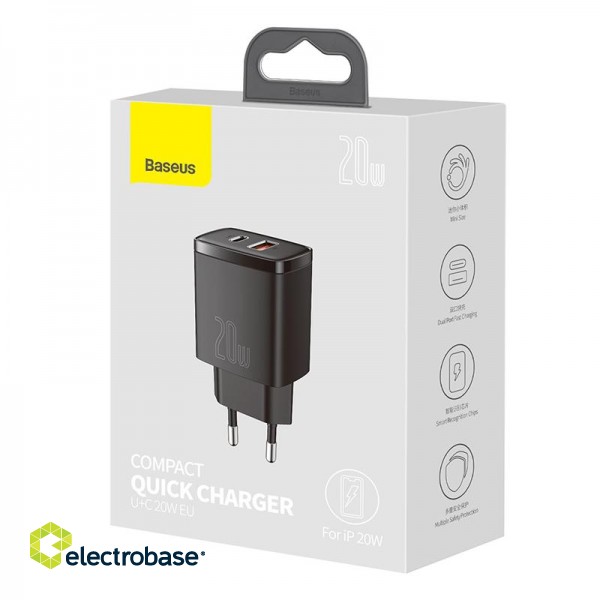Wall Quick Charger 20W USB + USB-C QC3.0 PD3.0, Black paveikslėlis 5