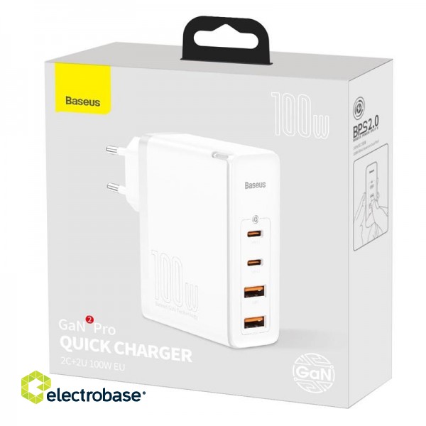 Wall Quick Charger GaN2 Pro 100W 2xUSB + 2xUSB-C QC4+ PD3.0 with USB-C Cable, White image 5