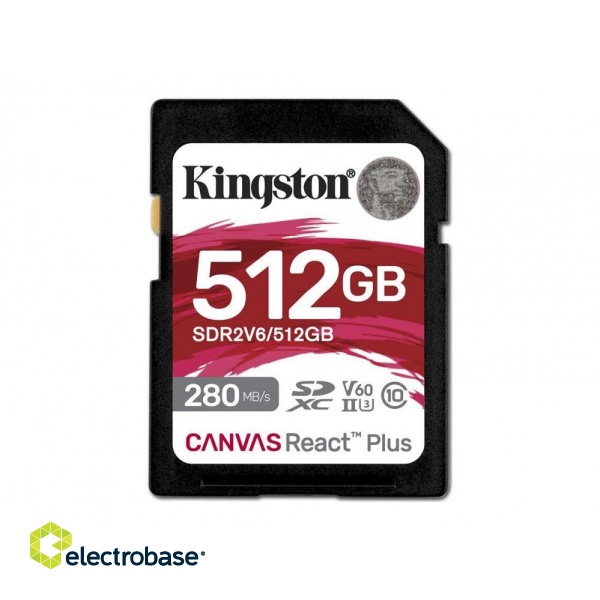 Memory cards Kingston  SDXC II V60 React Plus | SDR2V6/512GB | 512 GB | SDXC | Flash memory class Class 10, UHS-II, U3, V60 