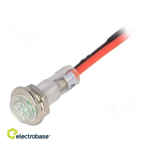 Indicator: LED | flat | green | 12VDC | Ø5.2mm | IP40 | leads 100mm