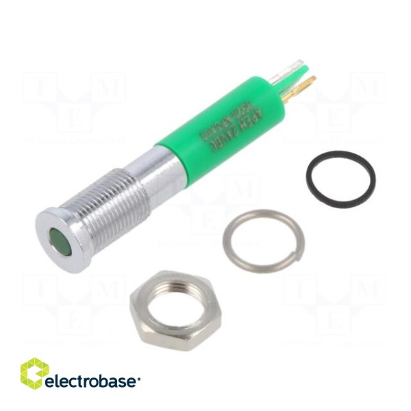 Indicator: LED | flat | green | Ø6mm | IP67 | brass | ØLED: 3mm | Body: green