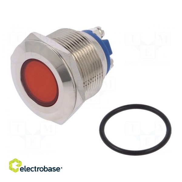 Indicator: LED | flat | red | 12VDC | 12VAC | Ø22mm | screw | brass image 1