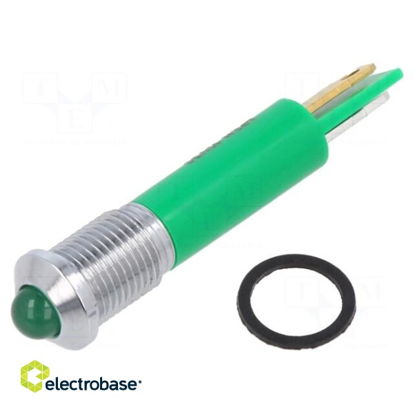 Indicator: LED | prominent | green | Ø8mm | IP67 | brass | ØLED: 5mm | 50mcd