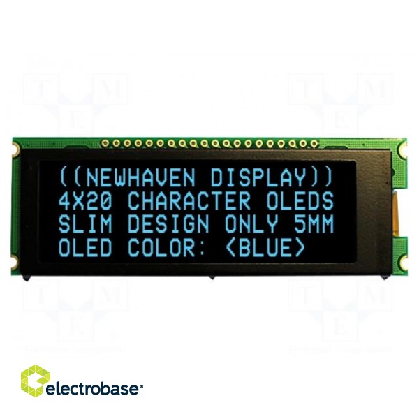 Display: OLED | alphanumeric | 20x4 | Dim: 92x31.5x6.5mm | blue | PIN: 20