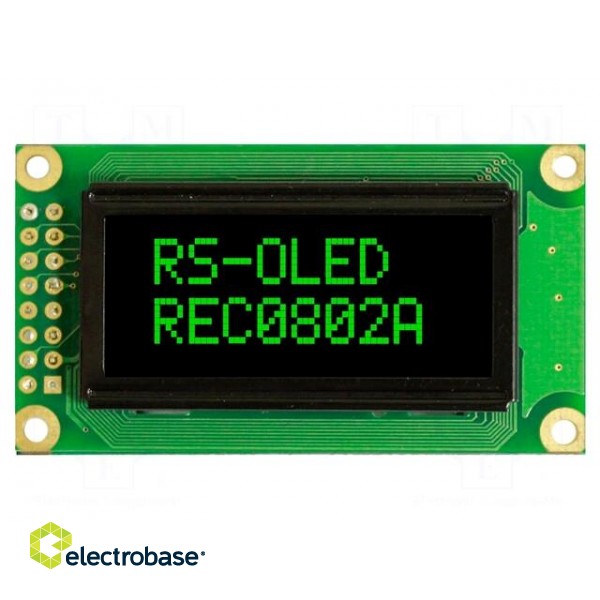 Display: OLED | alphanumeric | 8x2 | Dim: 58x32x10mm | green | PIN: 16