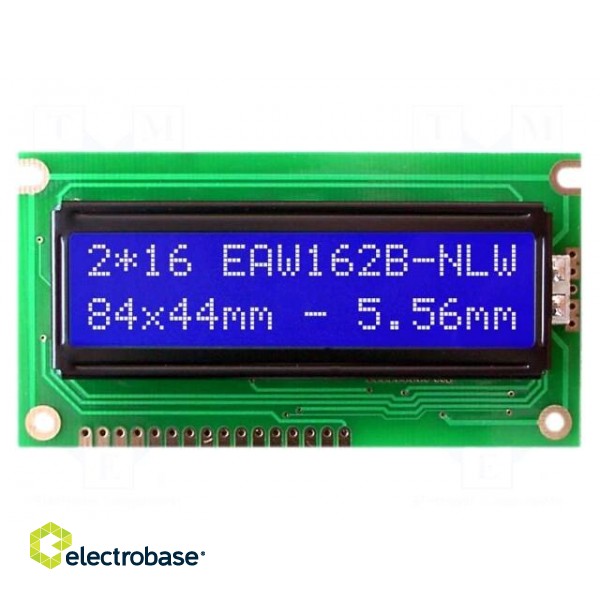 Display: LCD | alphanumeric | STN Negative | 16x2 | blue | 84x44mm | LED