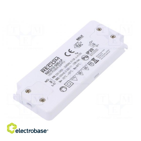 Power supply: switched-mode | LED | 12W | 2÷24VDC | 500mA | 198÷264VAC