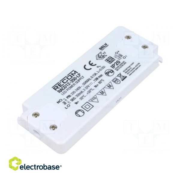 Power supply: switched-mode | LED | 12W | 2÷37VDC | 350mA | 198÷264VAC