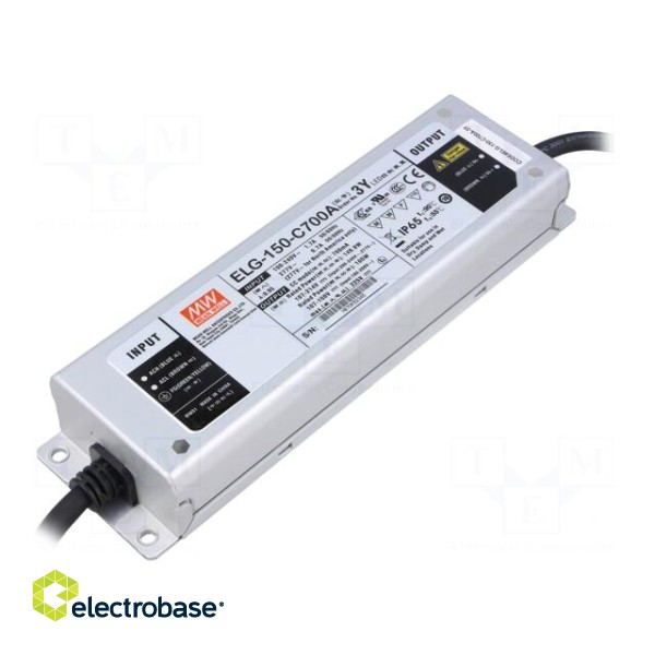 Power supply: switched-mode | LED | 150W | 107÷214VDC | 350÷700mA