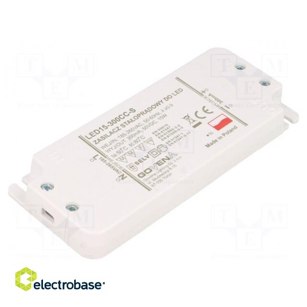 Power supply: switched-mode | LED | 15W | 10÷50VDC | 300mA | 185÷265VAC