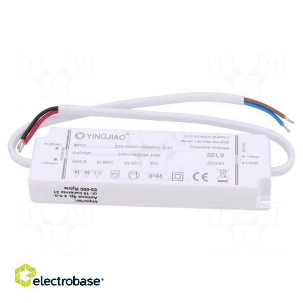Power supply: switched-mode | LED | 15W | 24VDC | 625mA | 220÷240VAC