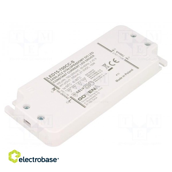 Power supply: switched-mode | LED | 15W | 7÷21.5VDC | 700mA | IP20 | 55g