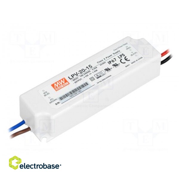 Power supply: switched-mode | LED | 20W | 15VDC | 1.33A | 90÷264VAC