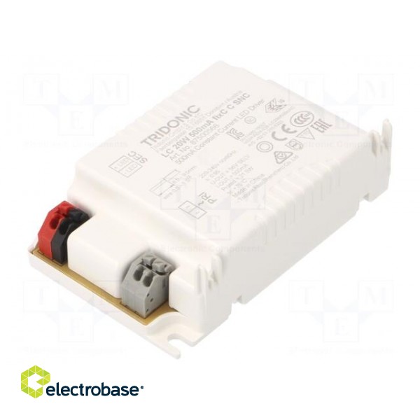 Power supply: switched-mode | LED | 20W | 30÷43VDC | 500mA | 198÷264VAC