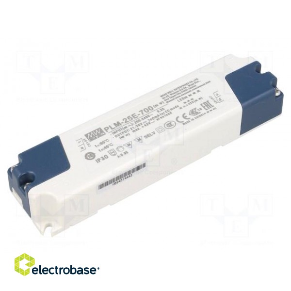 Power supply: switched-mode | LED | 25.2W | 21÷36VDC | 700mA | IP30