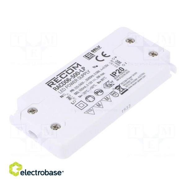 Power supply: switched-mode | LED | 6W | 2÷12VDC | 500mA | 198÷264VAC