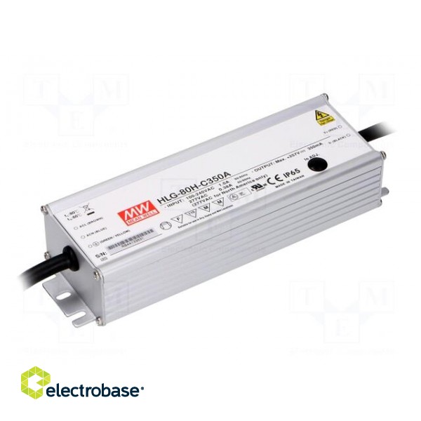 Power supply: switched-mode | LED | 90W | 128÷257VDC | 210÷350mA | IP65