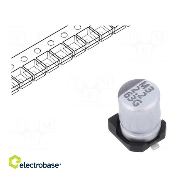 Capacitor: electrolytic | SMD | 2.2uF | 63VDC | ±20% | -55÷105°C | 2000h