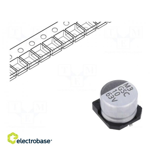 Capacitor: electrolytic | SMD | 10uF | 63VDC | ±20% | -55÷105°C | 2000h