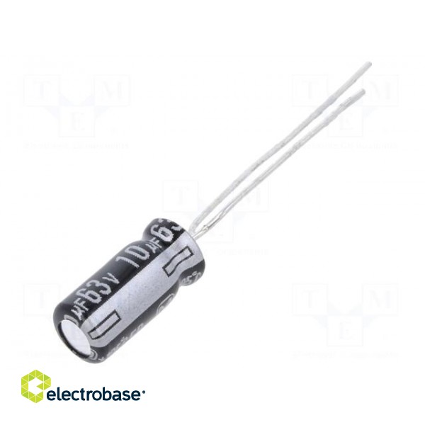 Capacitor: electrolytic | THT | 10uF | 63VDC | Ø5x11mm | Pitch: 5mm | ±20%
