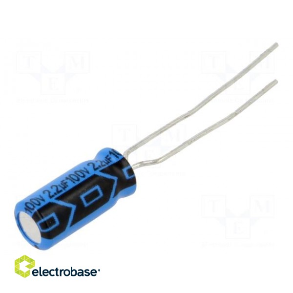 Capacitor: electrolytic | THT | 2.2uF | 100VDC | Pitch: 2mm | ±20% | 2000h