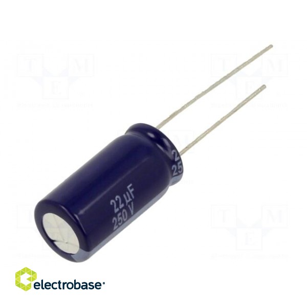 Capacitor: electrolytic | THT | 22uF | 250VDC | Ø10x20mm | Pitch: 5mm