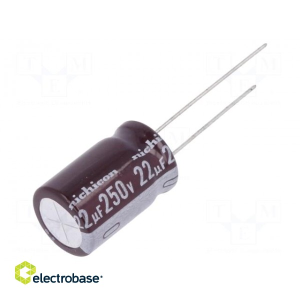 Capacitor: electrolytic | THT | 22uF | 250VDC | Ø12.5x20mm | Pitch: 5mm