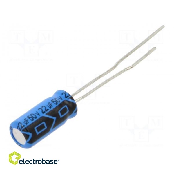 Capacitor: electrolytic | THT | 22uF | 50VDC | Pitch: 2mm | ±20% | 10000h