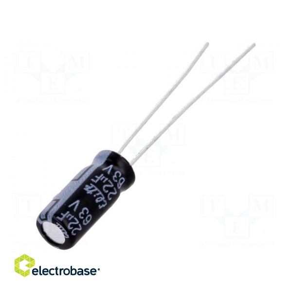 Capacitor: electrolytic | THT | 22uF | 63VDC | Ø5x11mm | Pitch: 2mm | ±20%