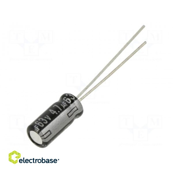 Capacitor: electrolytic | THT | 4.7uF | 63VDC | Ø5x11mm | Pitch: 2mm