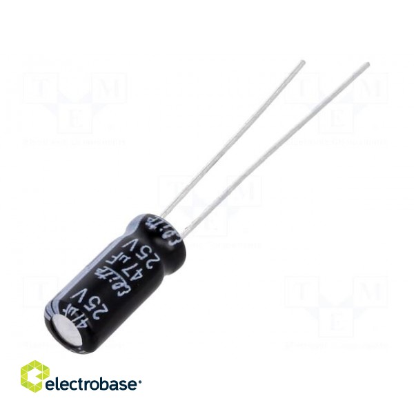 Capacitor: electrolytic | THT | 47uF | 25VDC | Ø5x11mm | Pitch: 2mm | ±20%