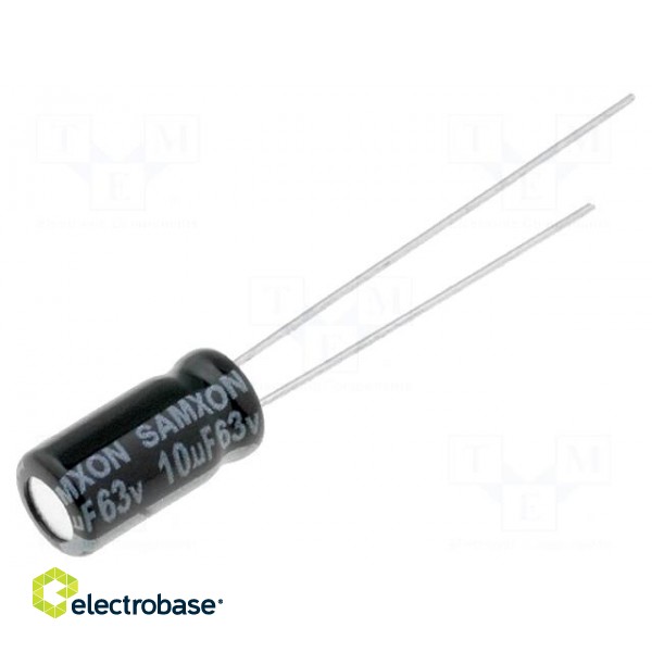 Kondensators: elektrolītiskais | THT | 10uF | 63VDC | Ø5x11mm | Solis: 2mm | ±20%