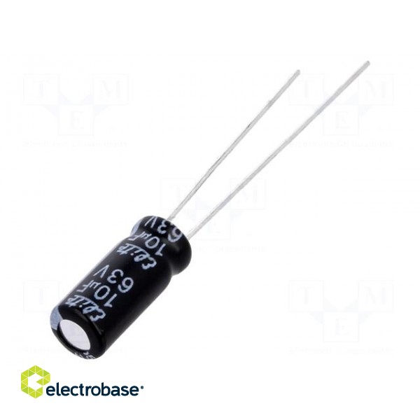 Capacitor: electrolytic | THT | 10uF | 63VDC | Ø5x11mm | Pitch: 2mm | ±20%