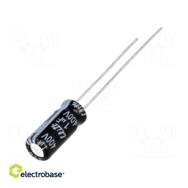 Capacitor: electrolytic | THT | 1uF | 400VDC | Ø5x11mm | Pitch: 2mm | ±20%