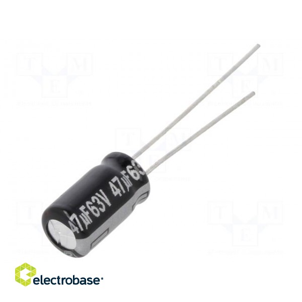 Capacitor: electrolytic | THT | 47uF | 63VDC | Ø6.3x11.2mm | ±20% | 1000h