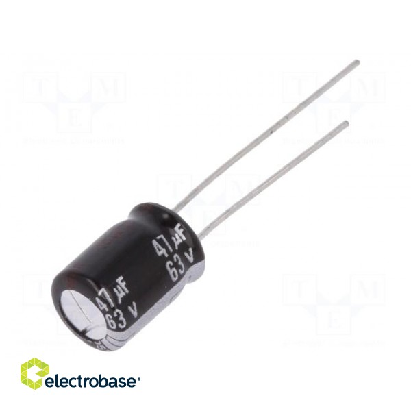 Capacitor: electrolytic | THT | 47uF | 63VDC | Ø8x11.5mm | Pitch: 3.5mm